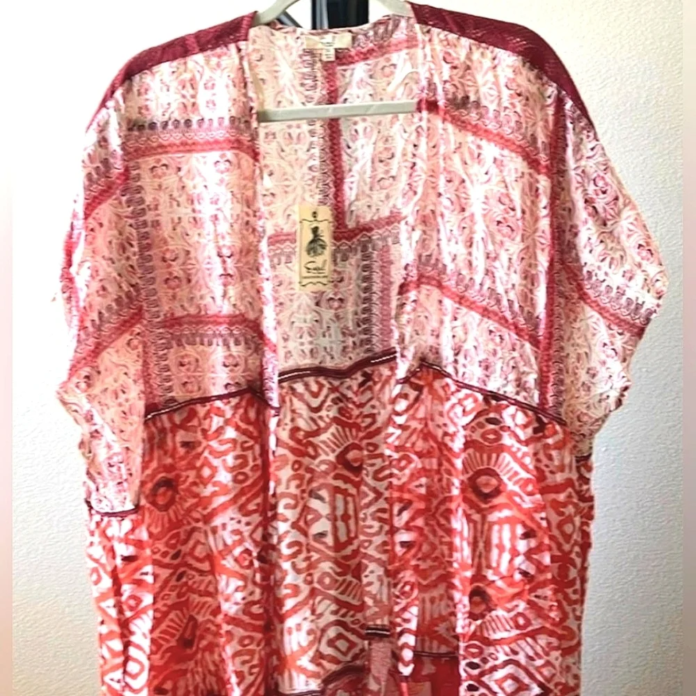 Easel "Lunch In The Garden" Orange and White Floral Boho Kimono, Size 3X. NWT - Picture 7 of 11